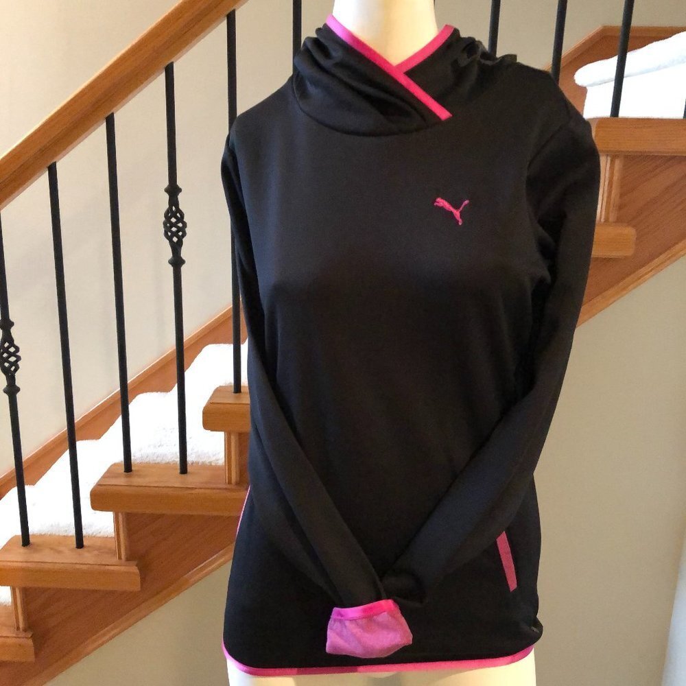 Puma Rudolf Dassler Sport Athletic Running Hooded Top Black W Pink Sz S Nwot